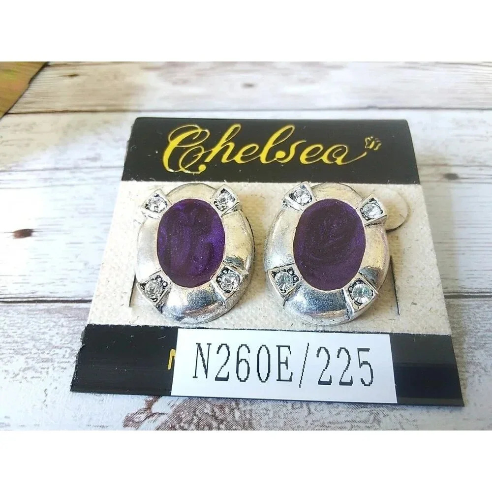 Authentic Vintage 1980s NWT Purple Oval Earrings with Rhinestones